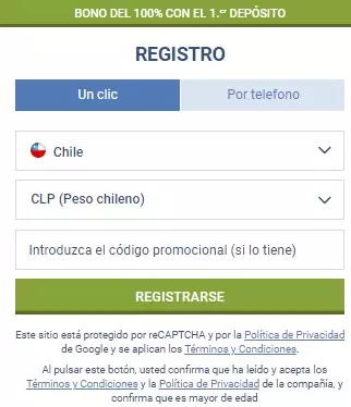 Formulario de registro en 1xBet Chile