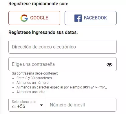 Formulario de registro en LeoVegas Chile